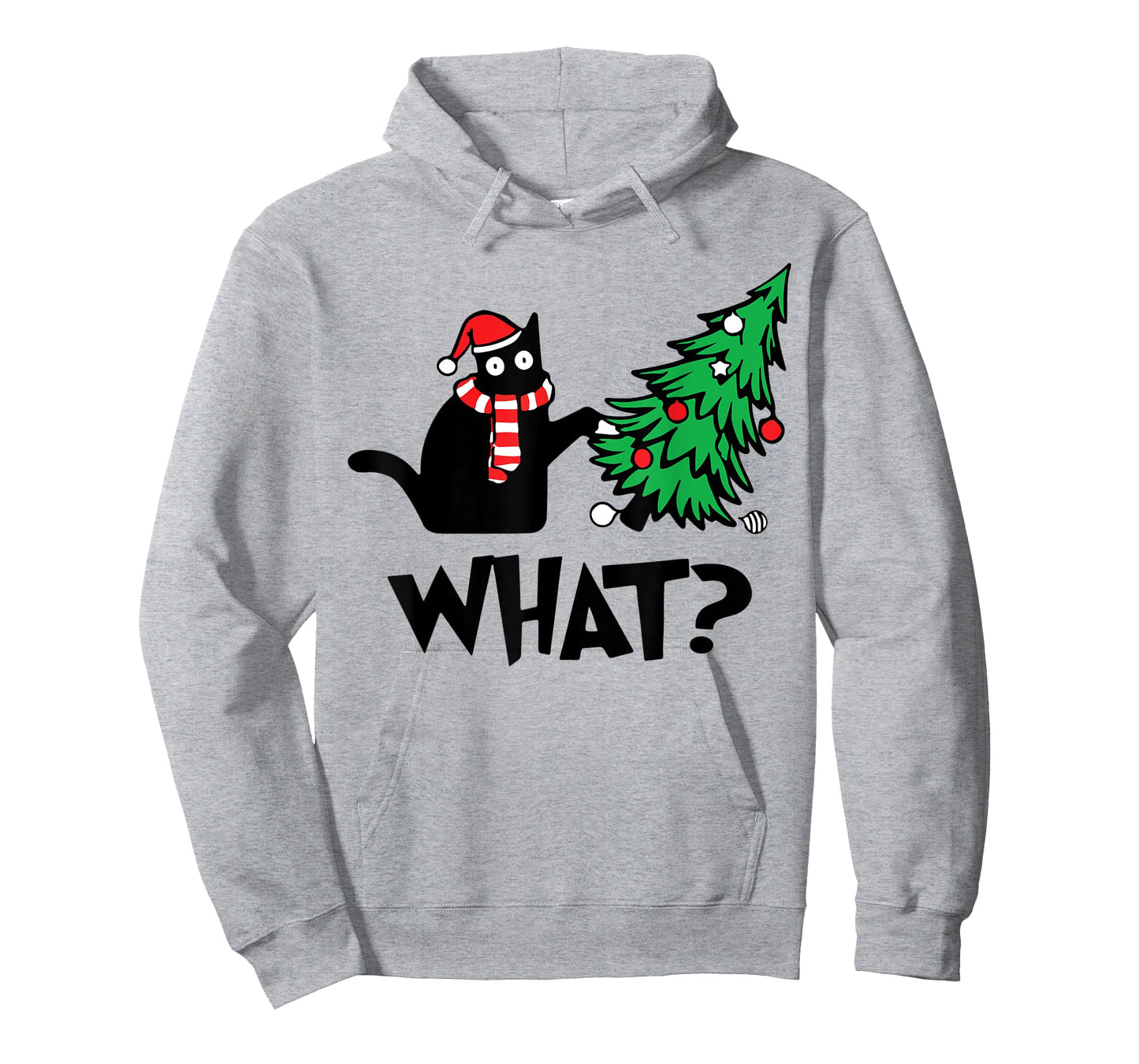 Funny Black Cat Gifts Pushing Christmas Tree Over Cat What? T-Shirt
