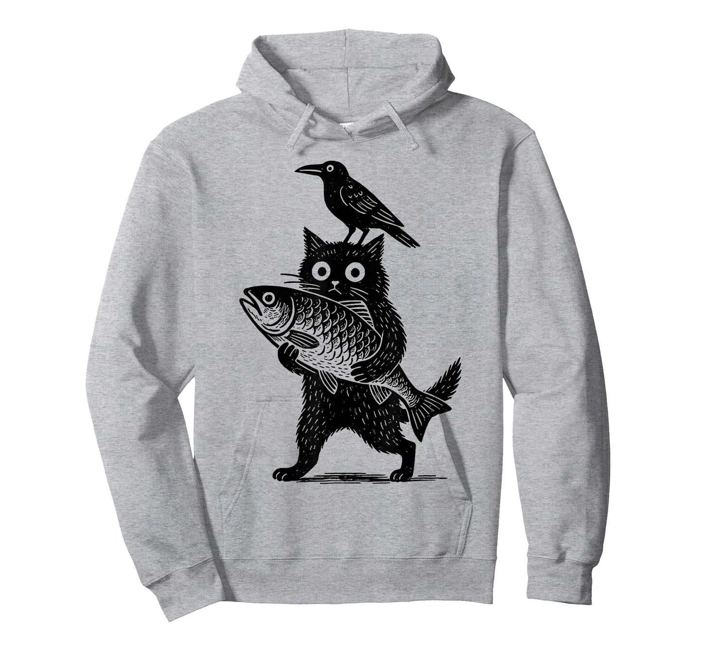 Black Animals Funny Cat with Crow Catches Fish Japanese Art T-Shirt