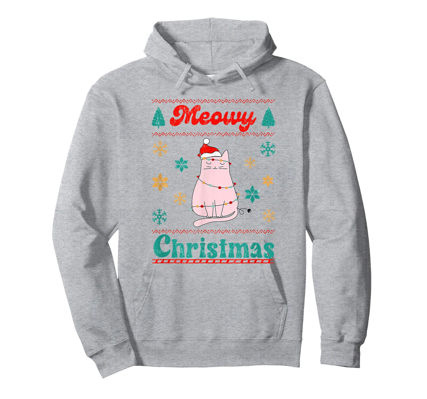 Meowy Catmas Christmas Cat in Santa Hat & Christmas Lights T-Shirt