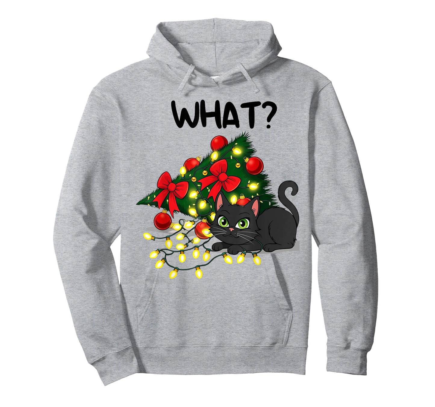 Funny Black Cat Pushing Christmas Tree Over Cat What? Xmas T-Shirt