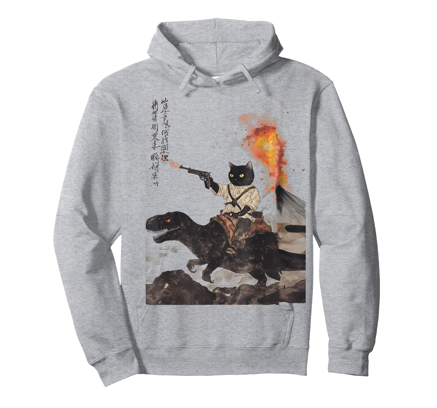 Retro Calligraphy cat Dinosaur Volcanic Eruption Art Print T-Shirt