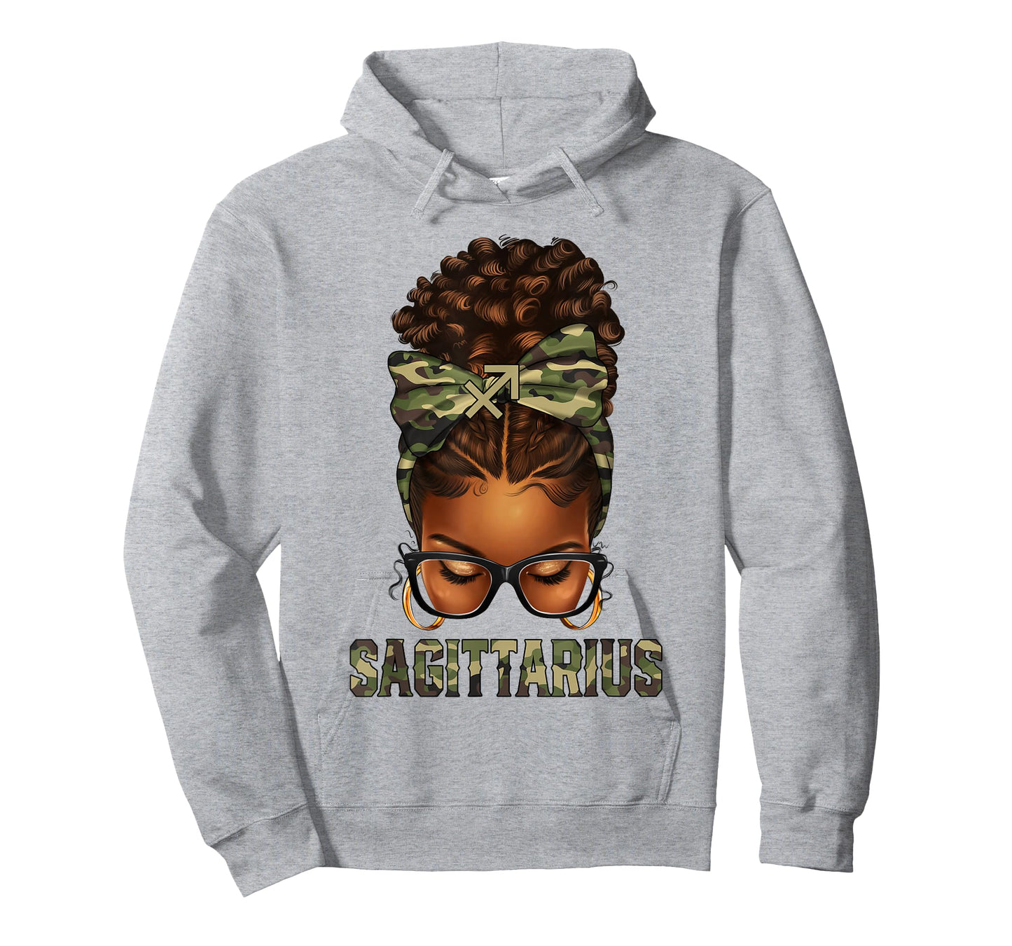 Afro Black Woman Messy Bun Camo Zodiac Sagittarius Queen T-Shirt