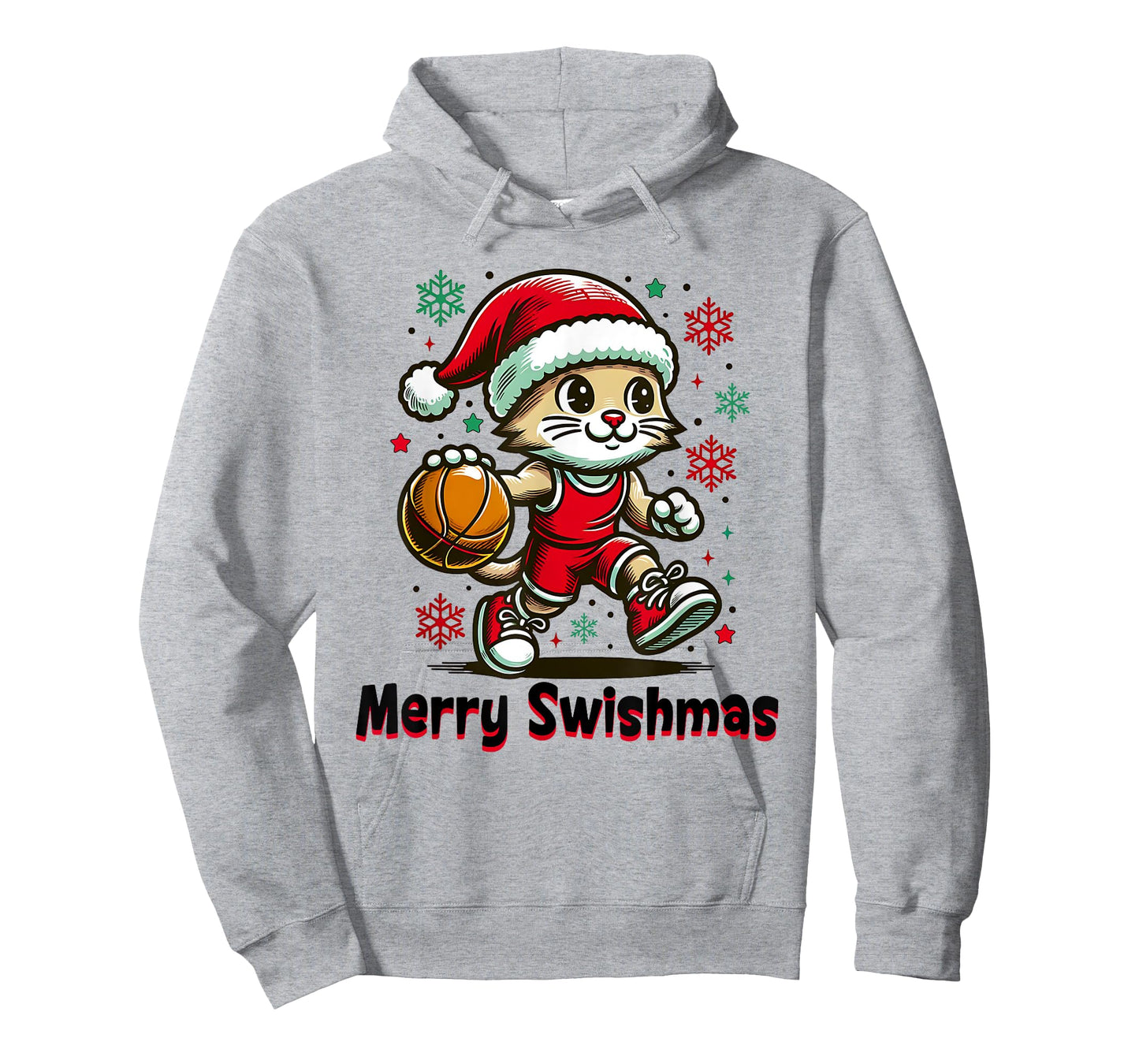 Christmas Basketball Merry Swishmas Funny Cat and Sports T-Shirt