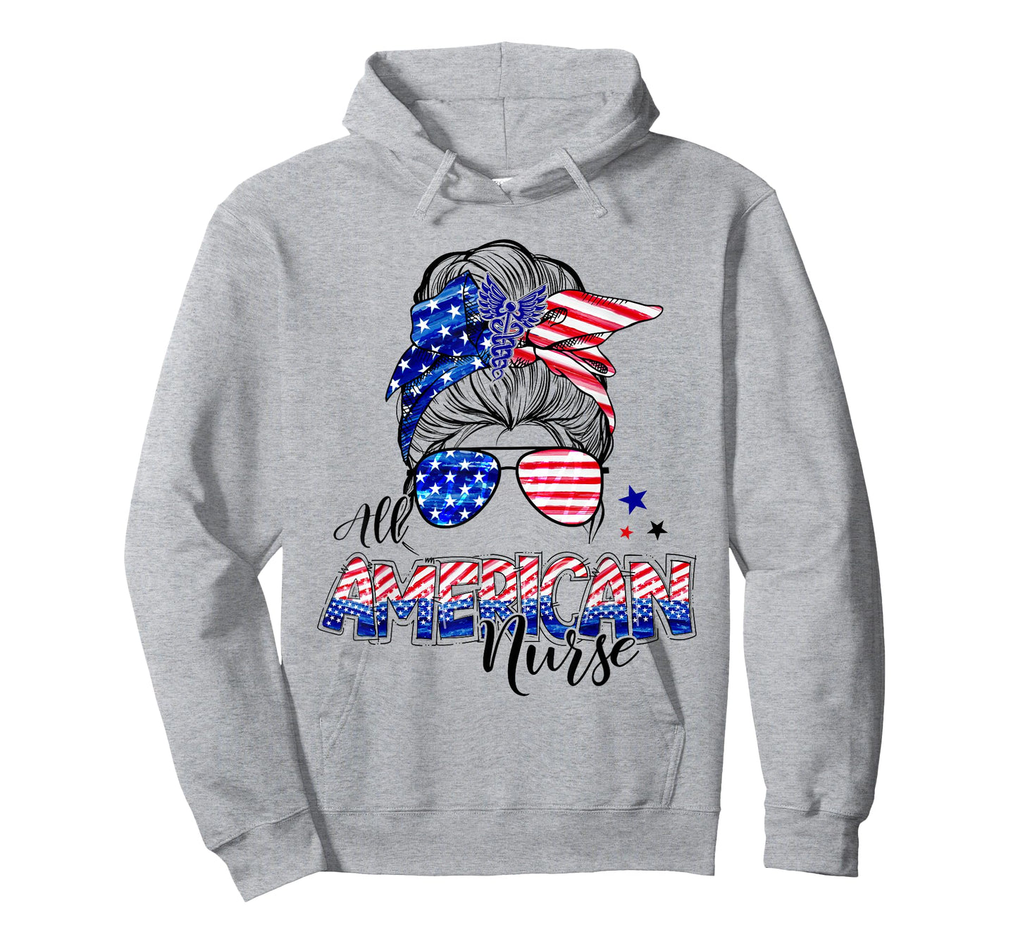 American Flag Patriotic Nurse Messy Bun 4th Of July T-Shirt