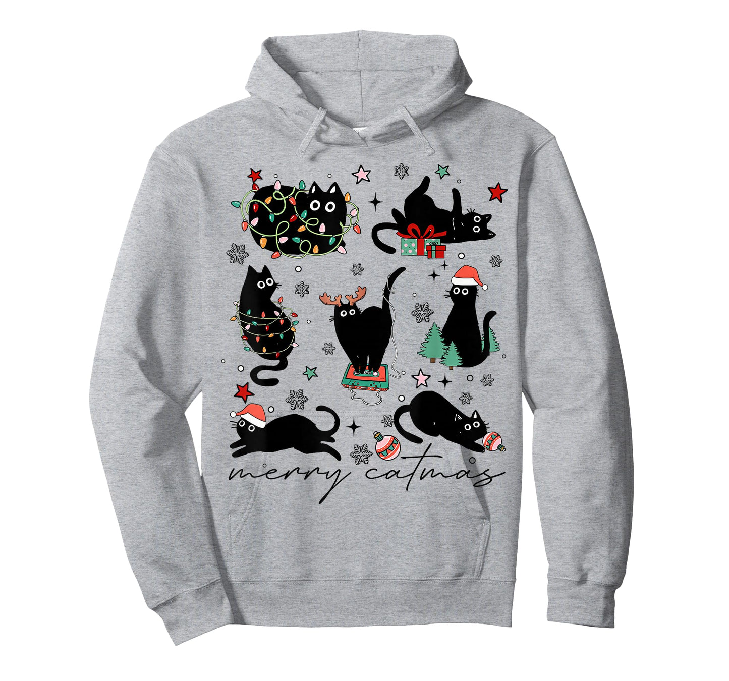 Merry Catmas Black Cats Vintage Doodle Christmas Lights T-Shirt