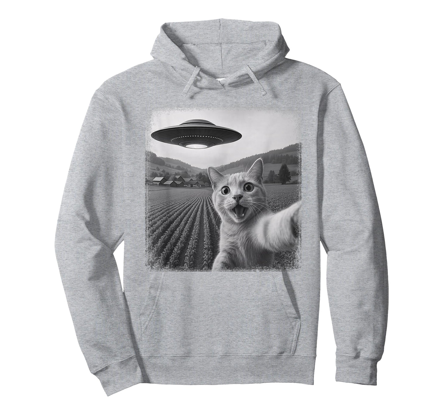 UFO Distressed Orange Tabby Cat Selfie with Invasion Alien T-Shirt