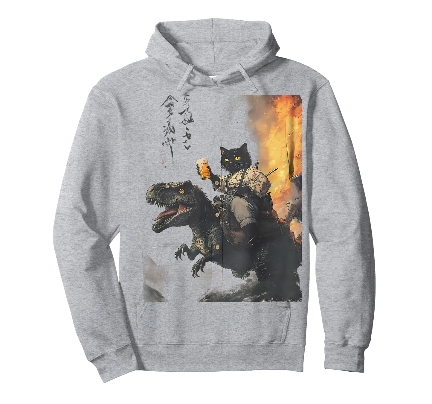 Black cat Samurai Dinosaur sea Wave Print T-Shirt