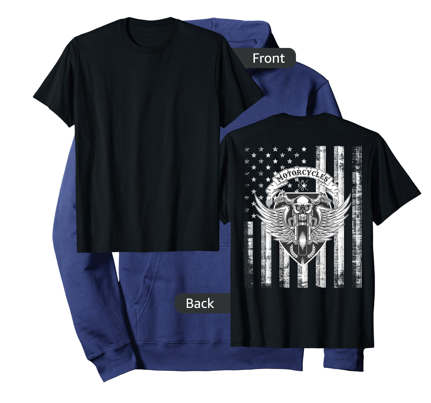Biker Motorcycle Skull Distressed USA Flag Grunge - on Back T-Shirt