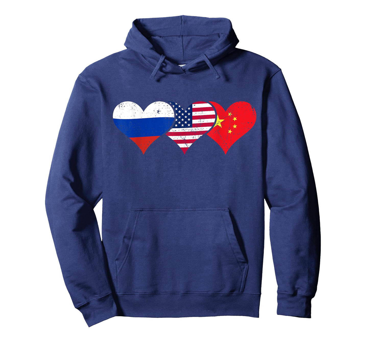Russia, USA & China Flags โ Russian American Chinese Hearts T-Shirt