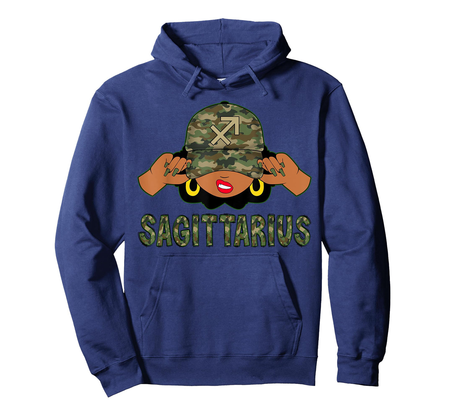 Sagittarius Queen Black Woman With Camo Cap Afro Girl Zodiac T-Shirt