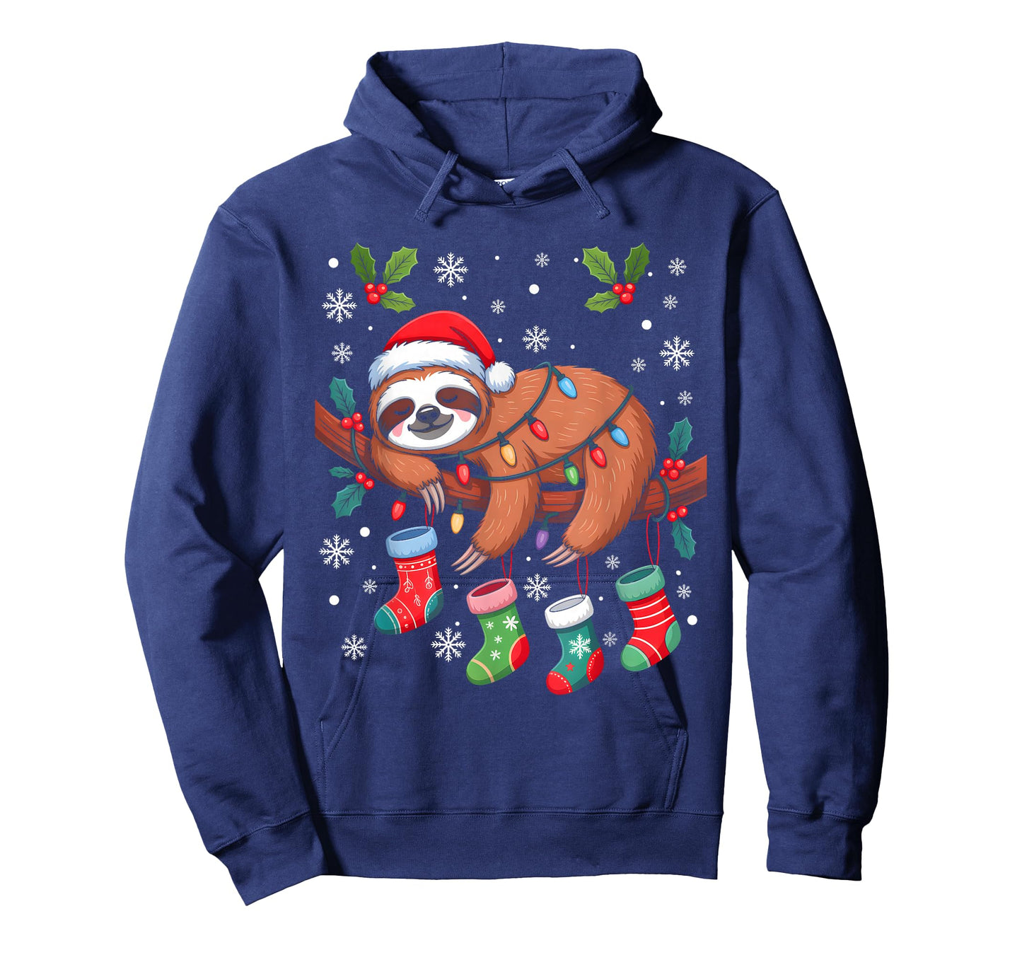 Funny Christmas Sloth Santa Hat Lights Family Xmas Pajamas T-Shirt