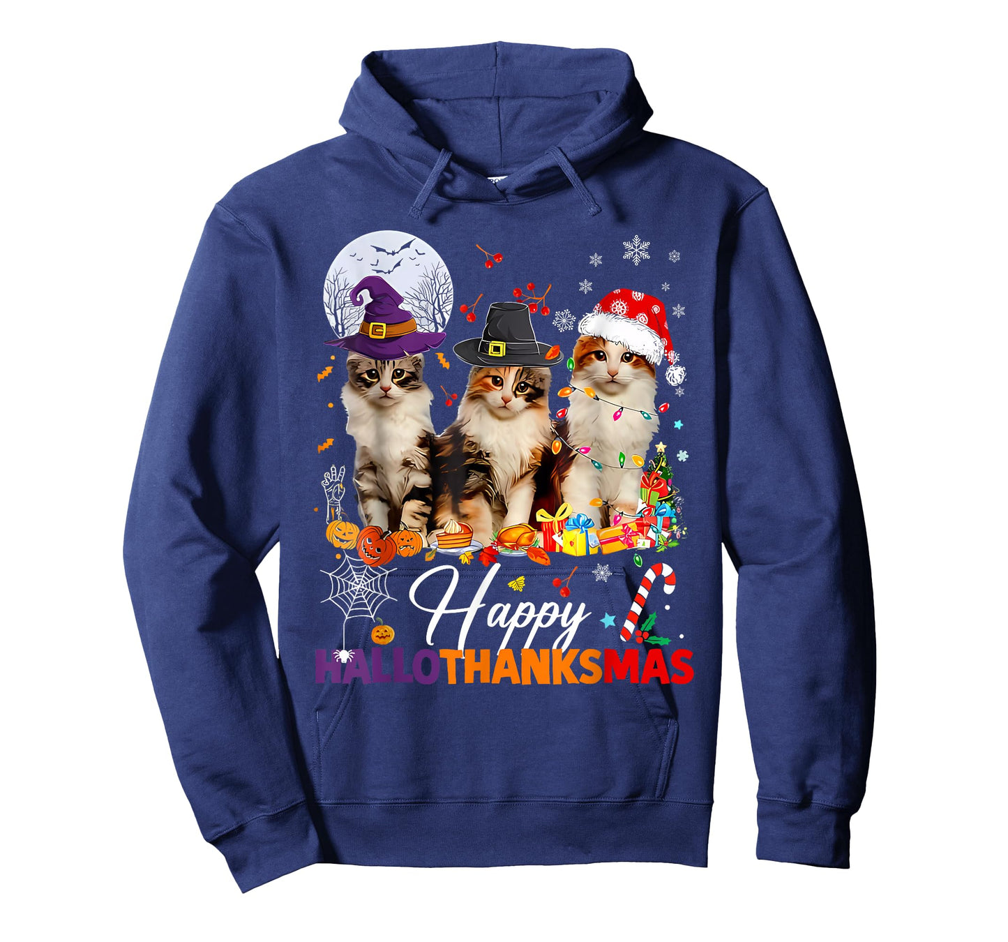 Happy Hallothanksmas Cute Cats Halloween Thanksgiving Xmas T-Shirt