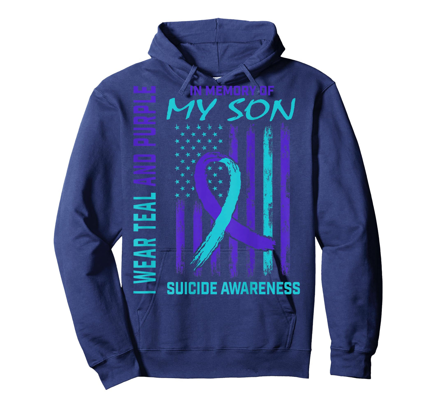 Teal Purple Ribbon Suicide Awareness USA Flag Son Back Print T-Shirt