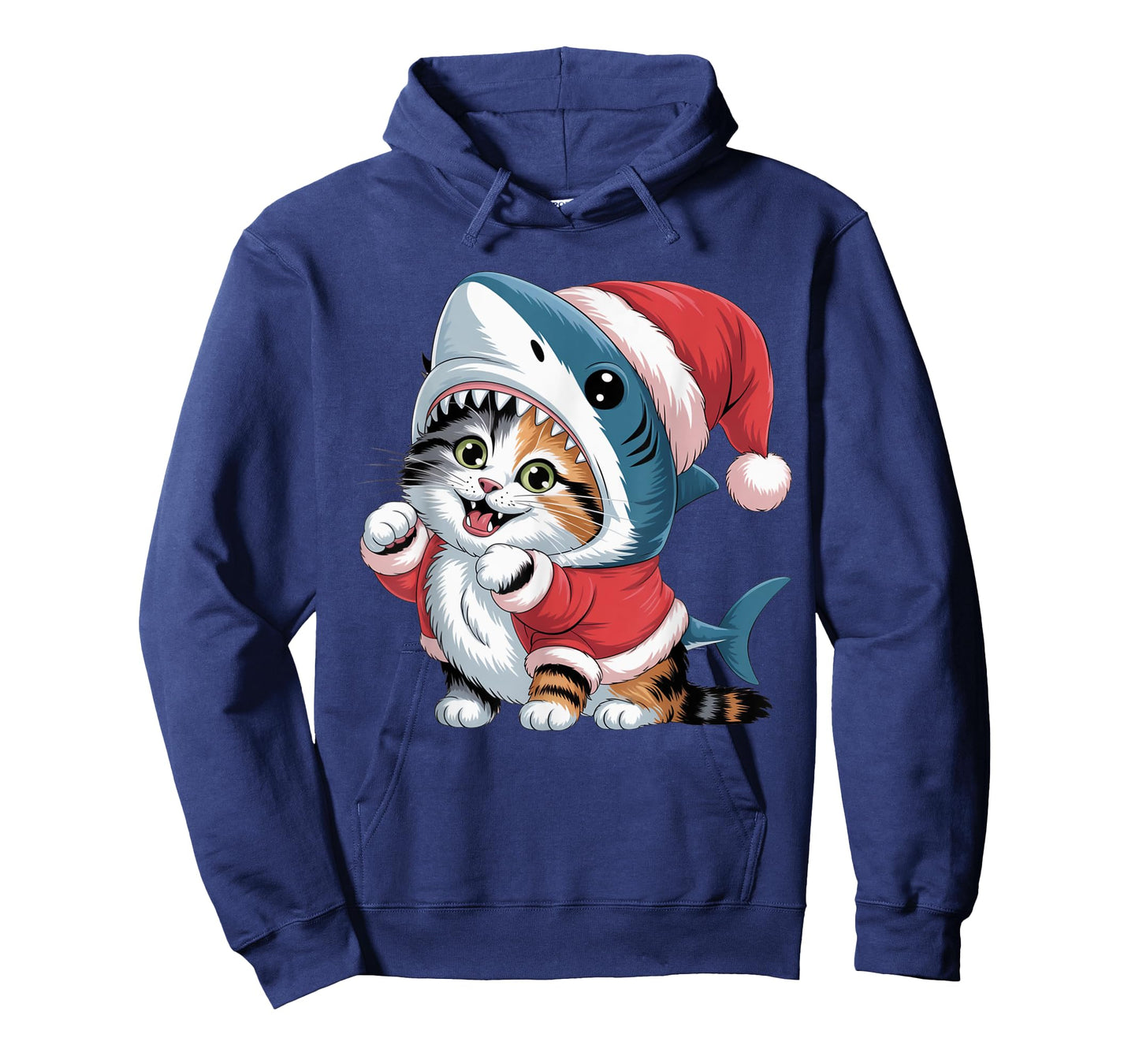 Cute Cat in Shark Costume with Santa Hat Christmas Design T-Shirt