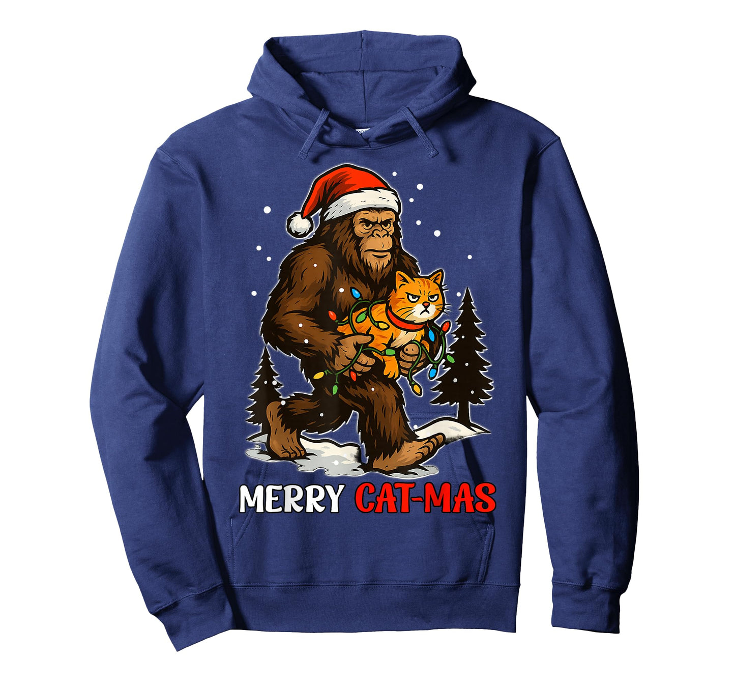 Merry Catmas Bigfoot and Lights Santa Hat Funny Cat Xmas T-Shirt