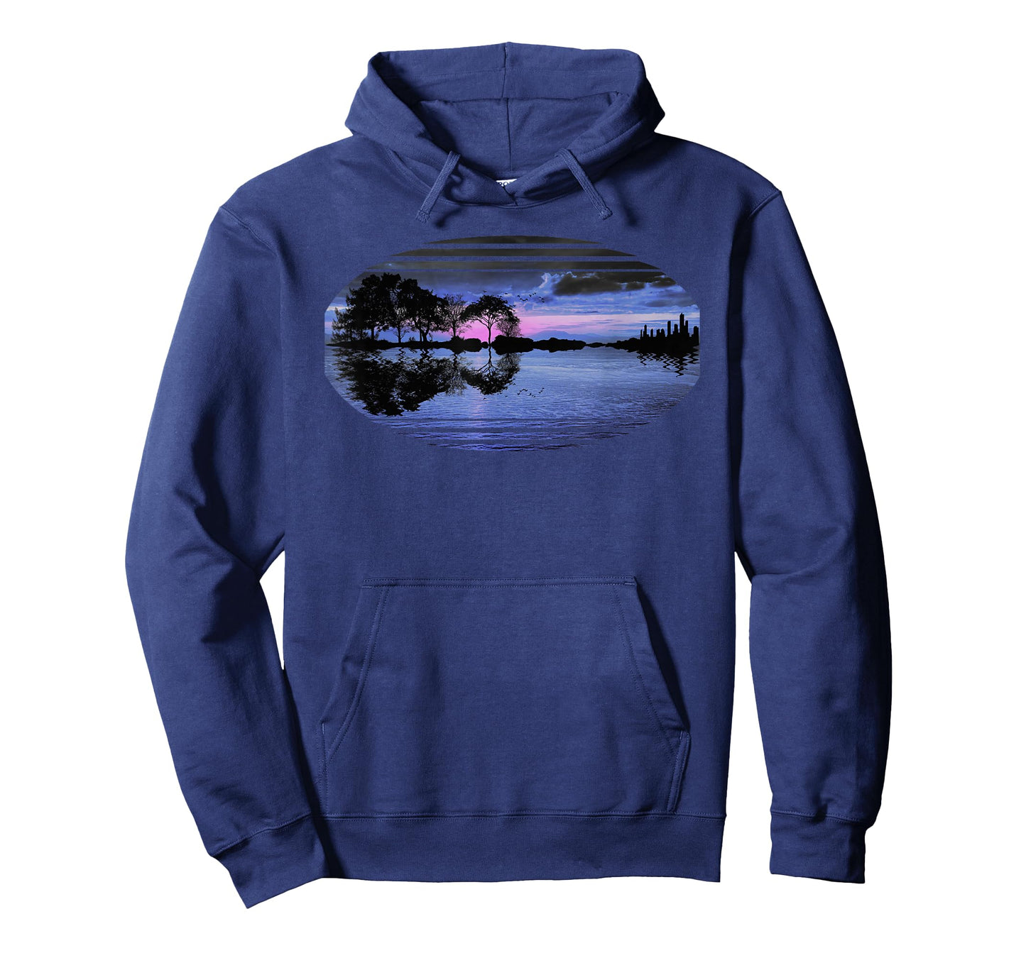 Guitar Sunset Sky Trees City Lake Reflection Stylish Design T-Shirt