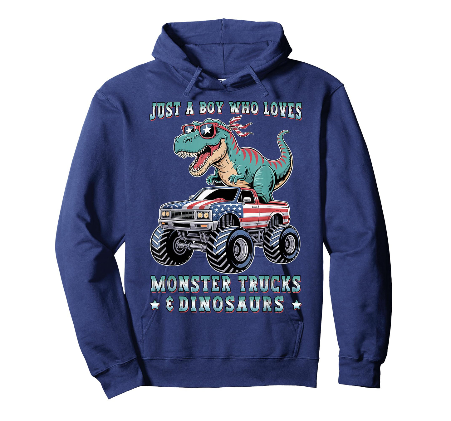 Just A Boy Who Loves Monster Trucks Dinosaurs Trex USA Flag T-Shirt