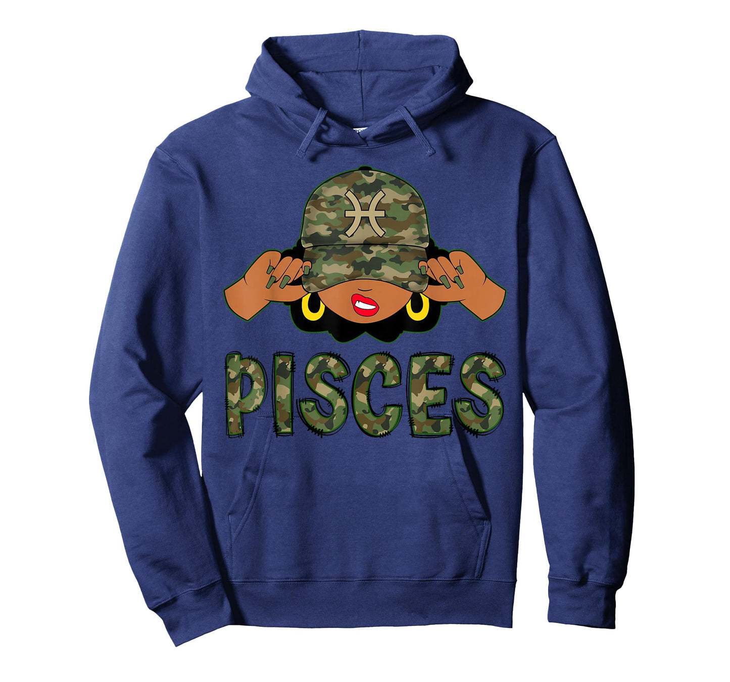 Pisces Queen Black Woman With Camo Cap Afro Girl Zodiac T-Shirt