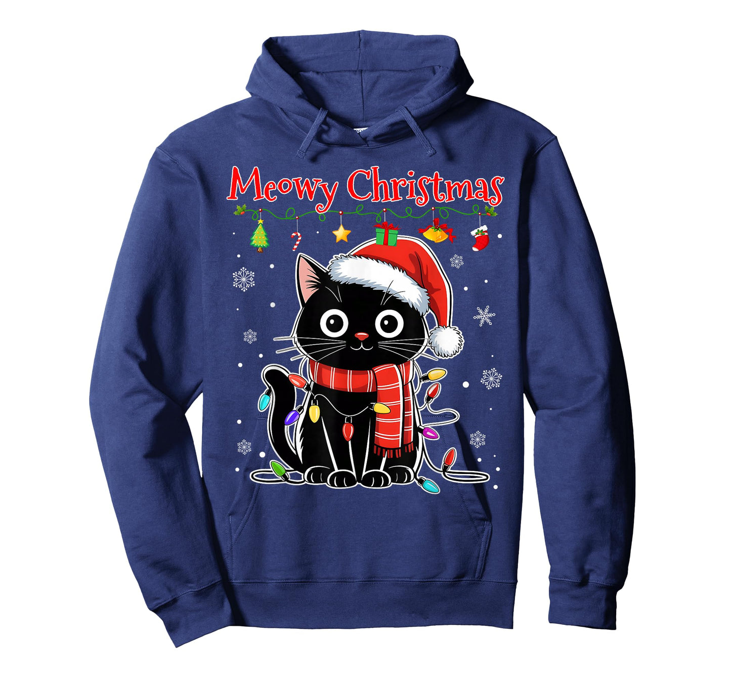 Funny Meowy Christmas Black Cat Xmas Lights Pajamas Family T-Shirt