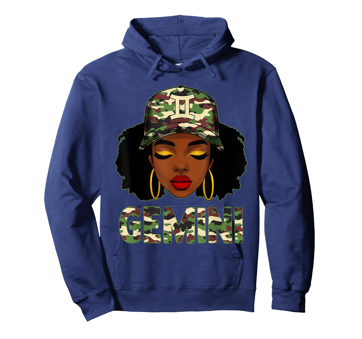 Gemini Queen Black Woman with Camo Cap Afro Girl Zodiac T-Shirt