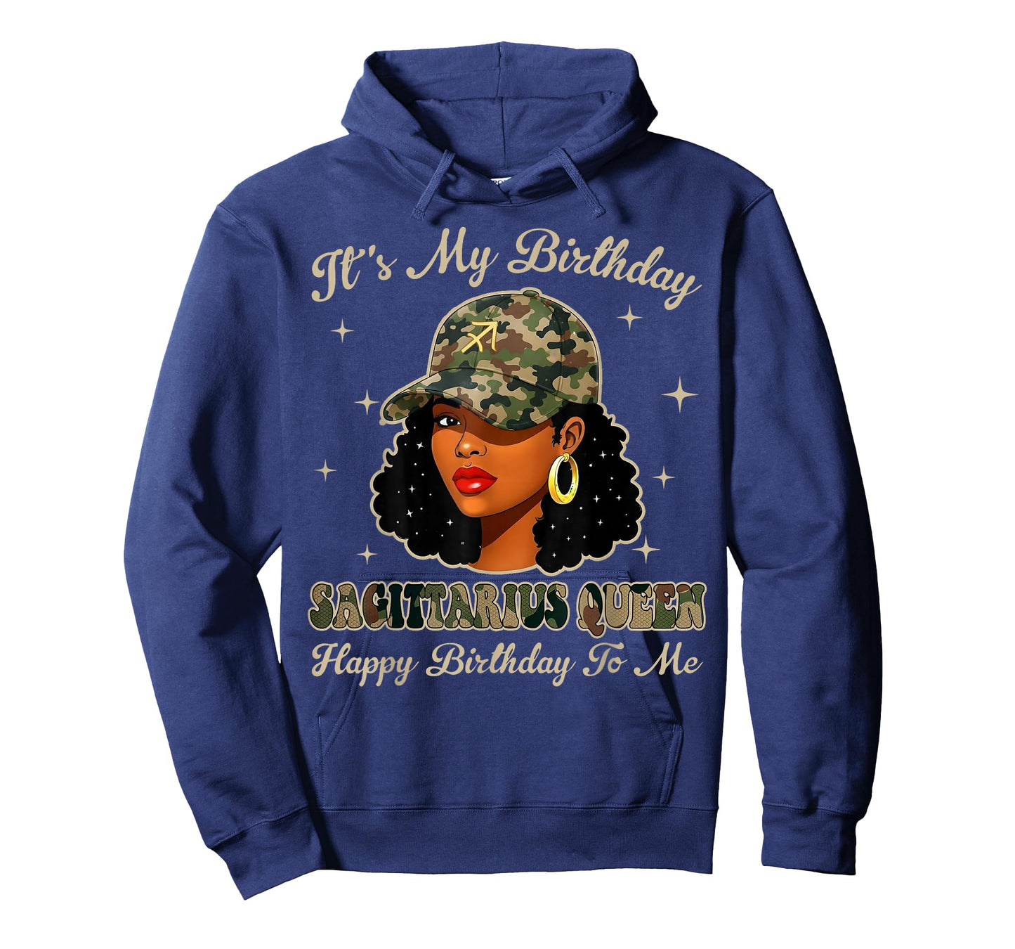 Sagittarius Queen Black Woman with Cap Camo Afro Girl Zodiac T-Shirt