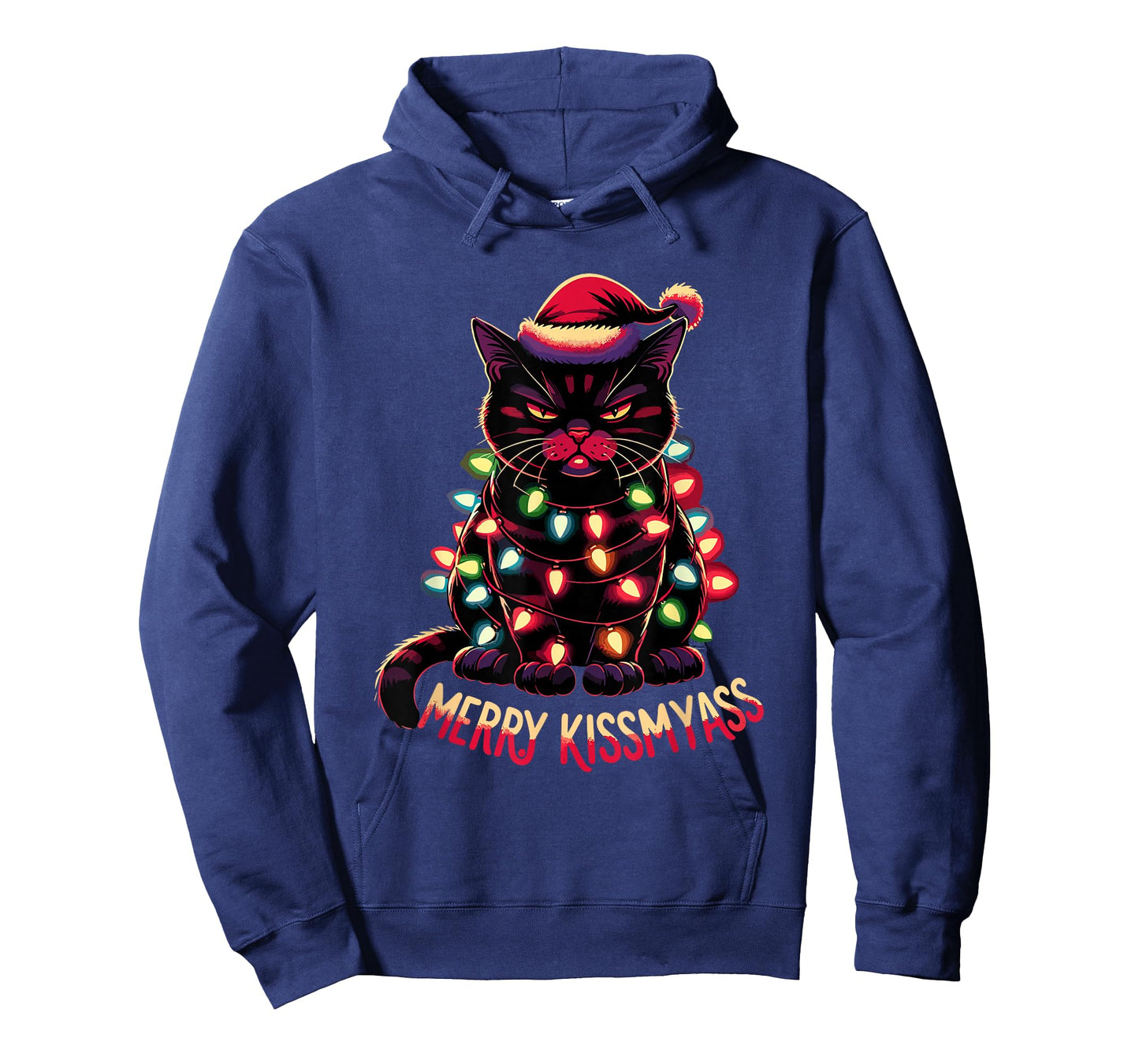 Merry Kissmyass Funny Black Cat Christmas Lights Santa Hat T-Shirt