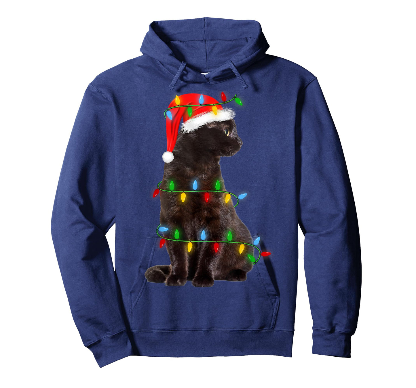 Black-Cat Christmas Tree Lights Funny Santa Kitten Led Light T-Shirt