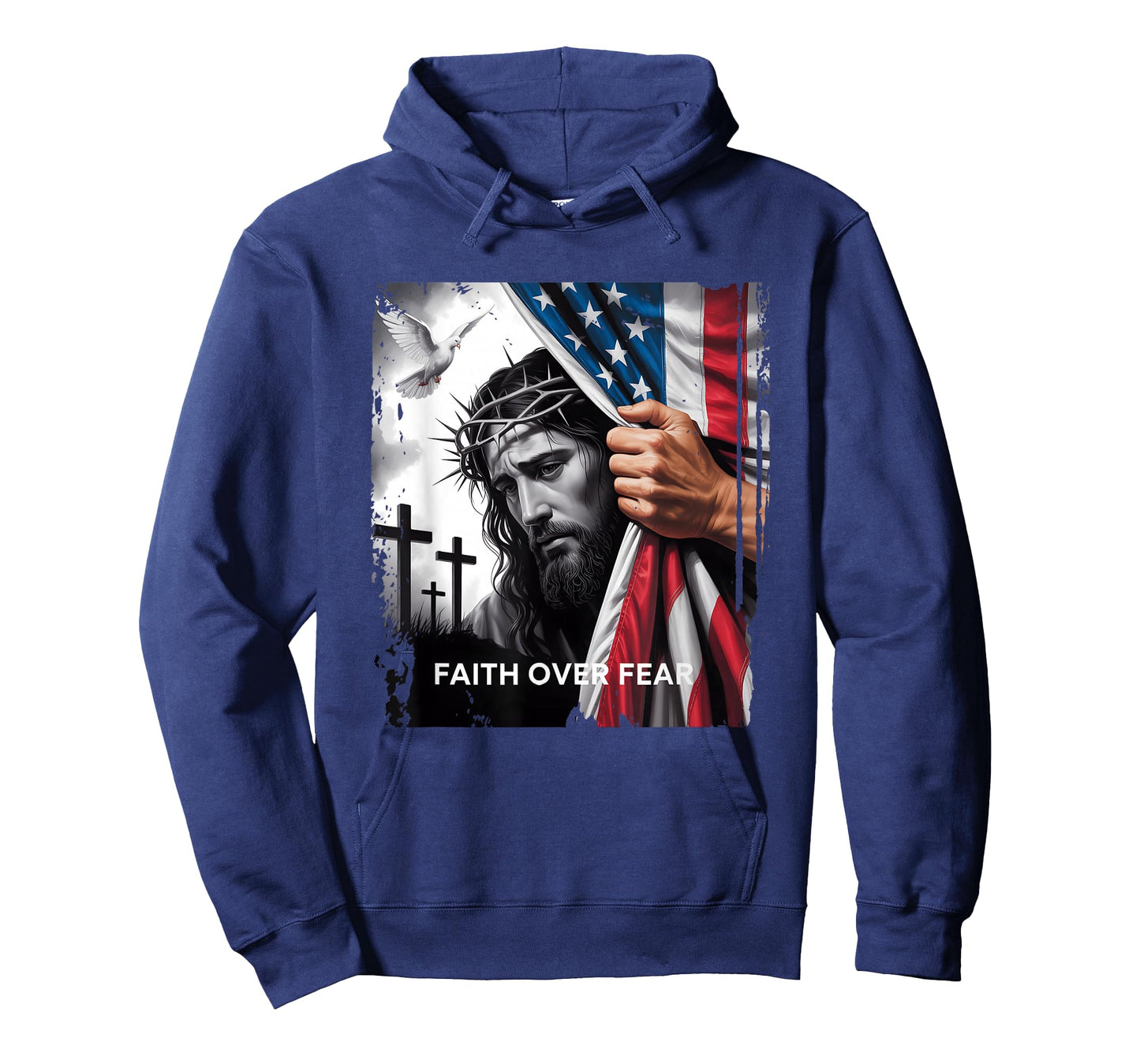 Faith Over Fear Sad Face Of Jesus Christian Usa Flag Patriot T-Shirt