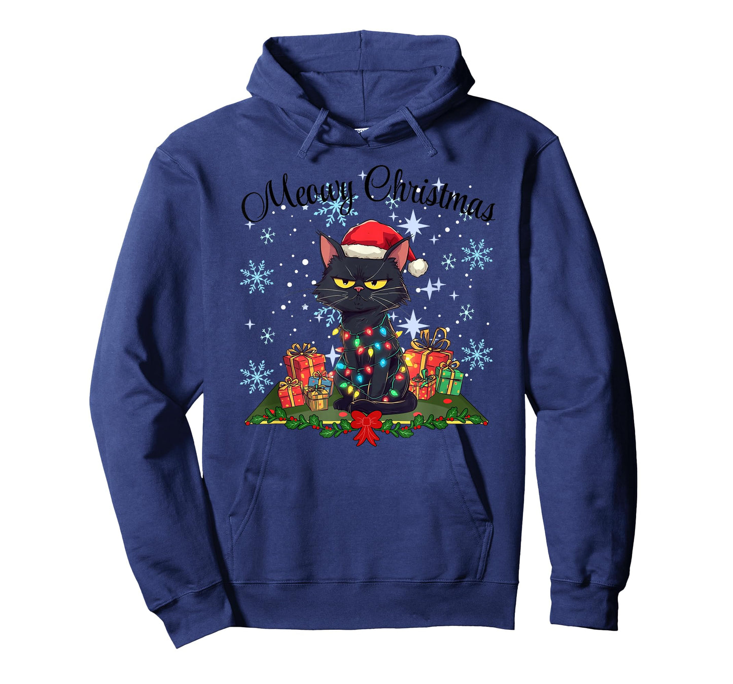 Meowy Christmas Black Cat Santa Hat Wrapped in Lights Fun T-Shirt