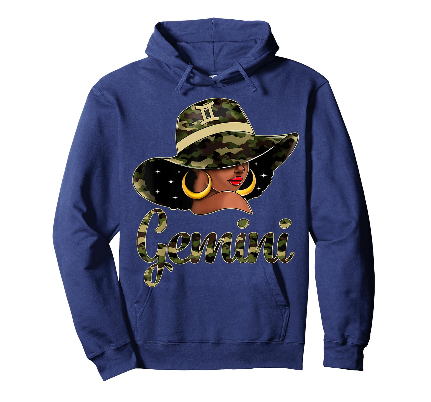 Gemini Queen Black Woman With Hat Camo Afro Woman Zodiac T-Shirt
