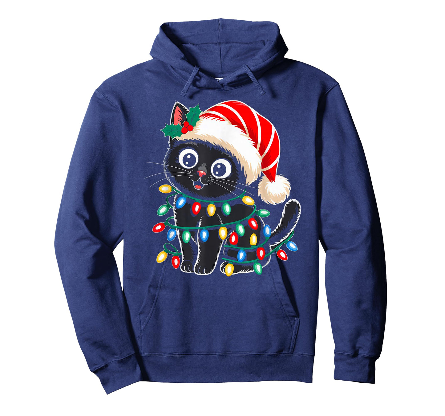 Black Cat Christmas Lights Santa Hat Xmas Pajamas Cat Lover T-Shirt