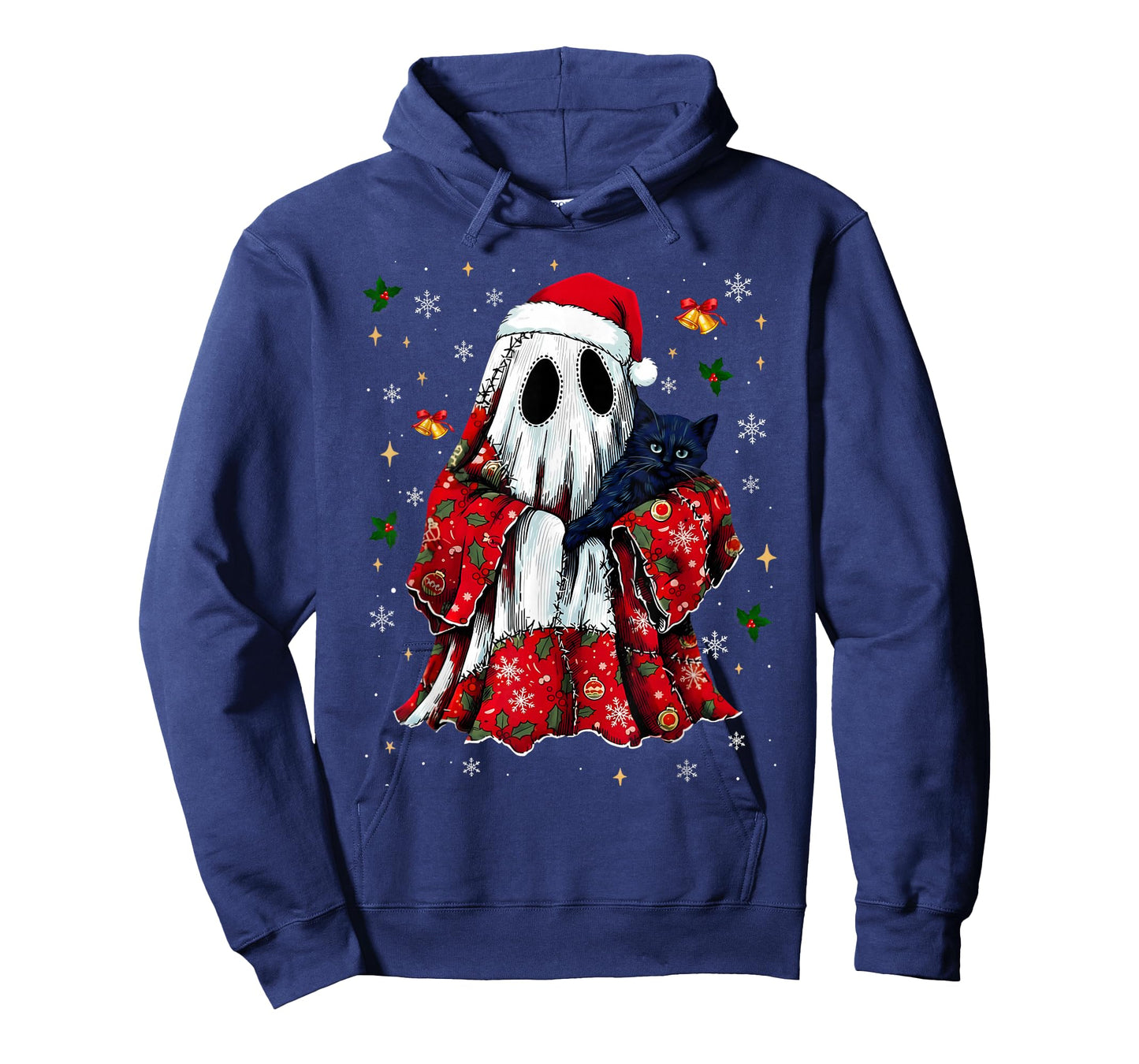 Vintage Christmas Ghost Holding Black Cat Groovy Floral T-Shirt