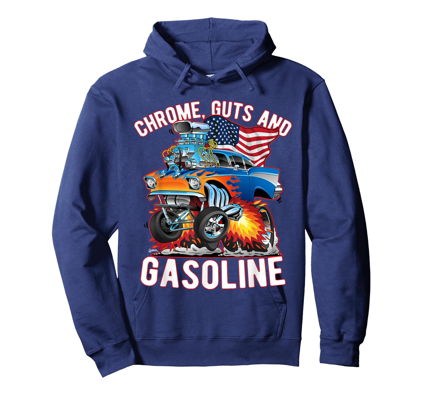 Jeff Hobrath Funny Chrome Guts and Gasoline Hotrod Car Cartoon Design T-Shirt - Unisex-Adults/Kids, Black, Short Sleeve, Small