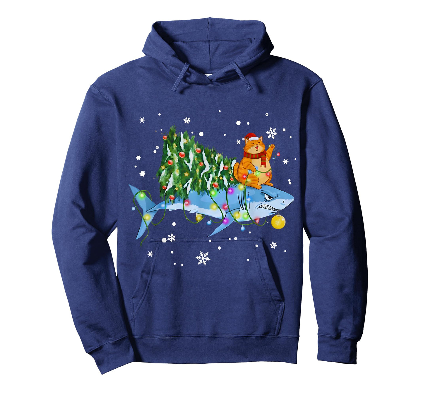 Funny Christmas Shark Cat Tree Lights Sharkmas Tree Xmas Tee T-Shirt