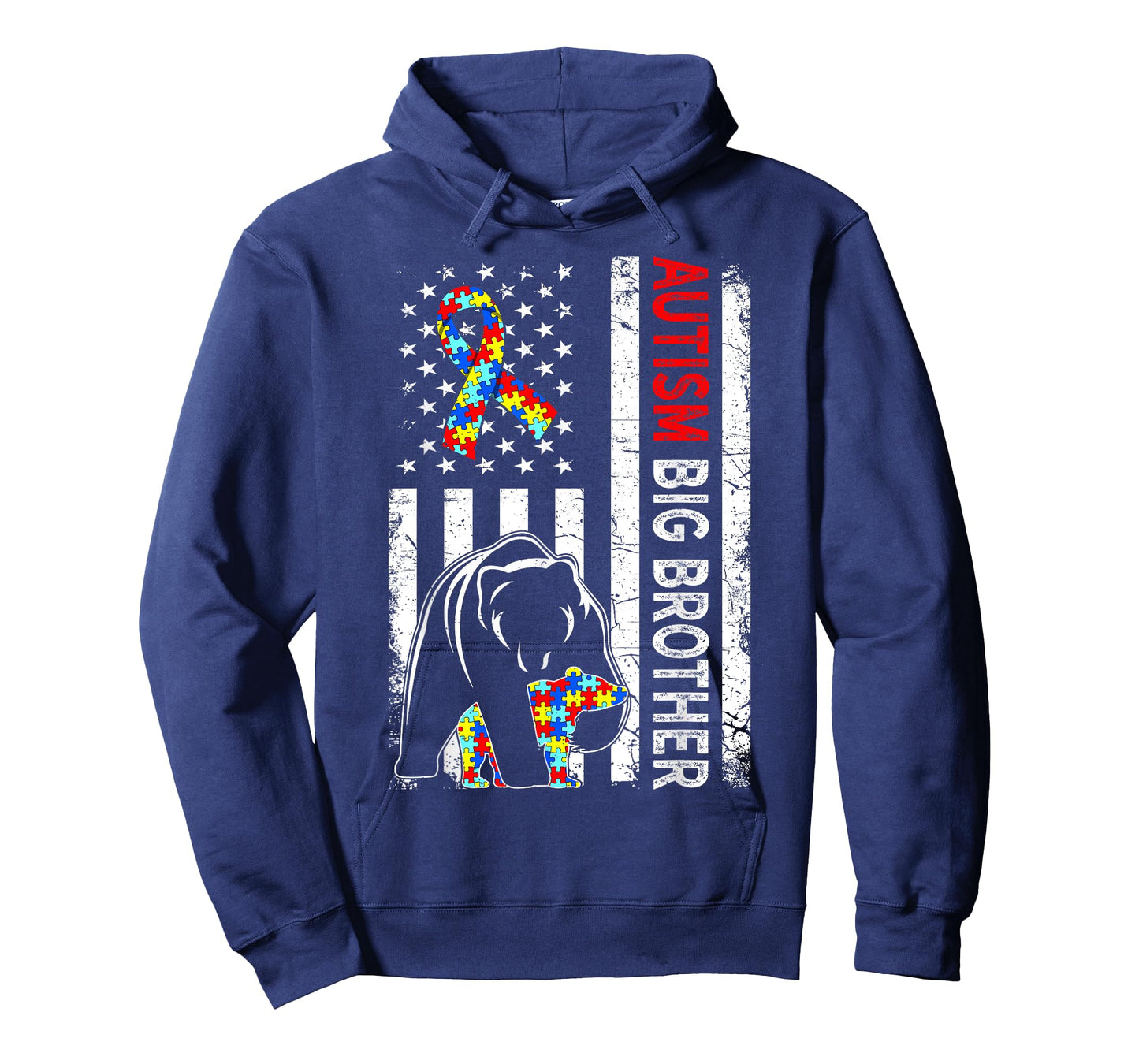Distressed American Flag Autism Big Brother Bear Awareness T-Shirt for Women Kids Men