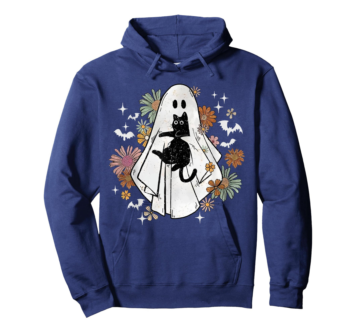 Spooky Ghost Holding Black Cat Groovy Floral Halloween Goth T-Shirt