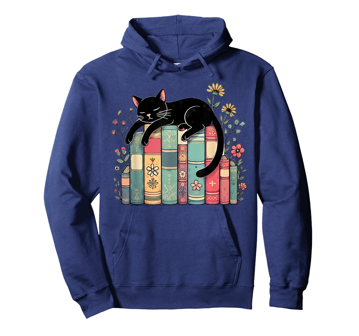 Floral Black Cat Sleeping On Books T-Shirt