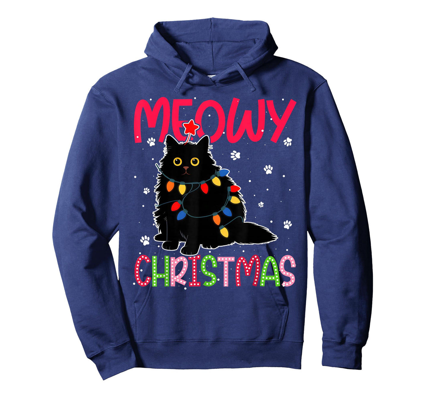 Meowy Christmas Xmas Lights Black Cat Pajamas Family Funny T-Shirt