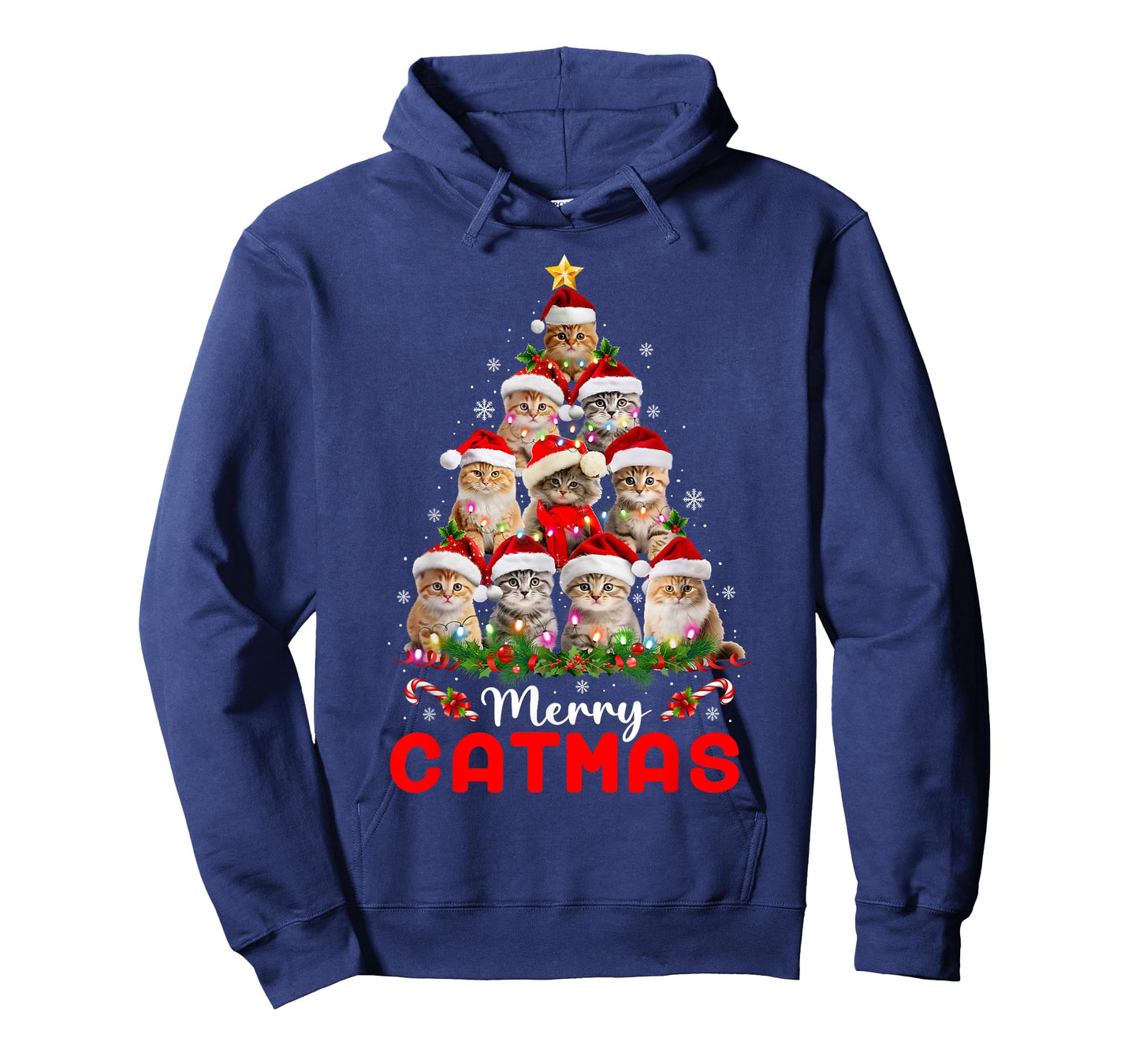 Meowy Catmas Cat Christmas Tree Lights Funny Xmas Pajamas T-Shirt