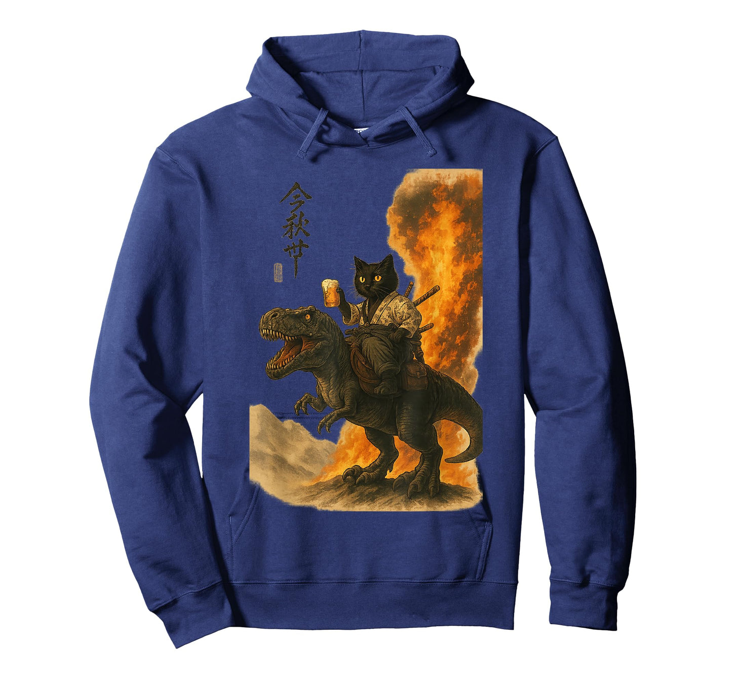 Black Cat Samurai Dinosaur Sea Wave Print T-Shirt