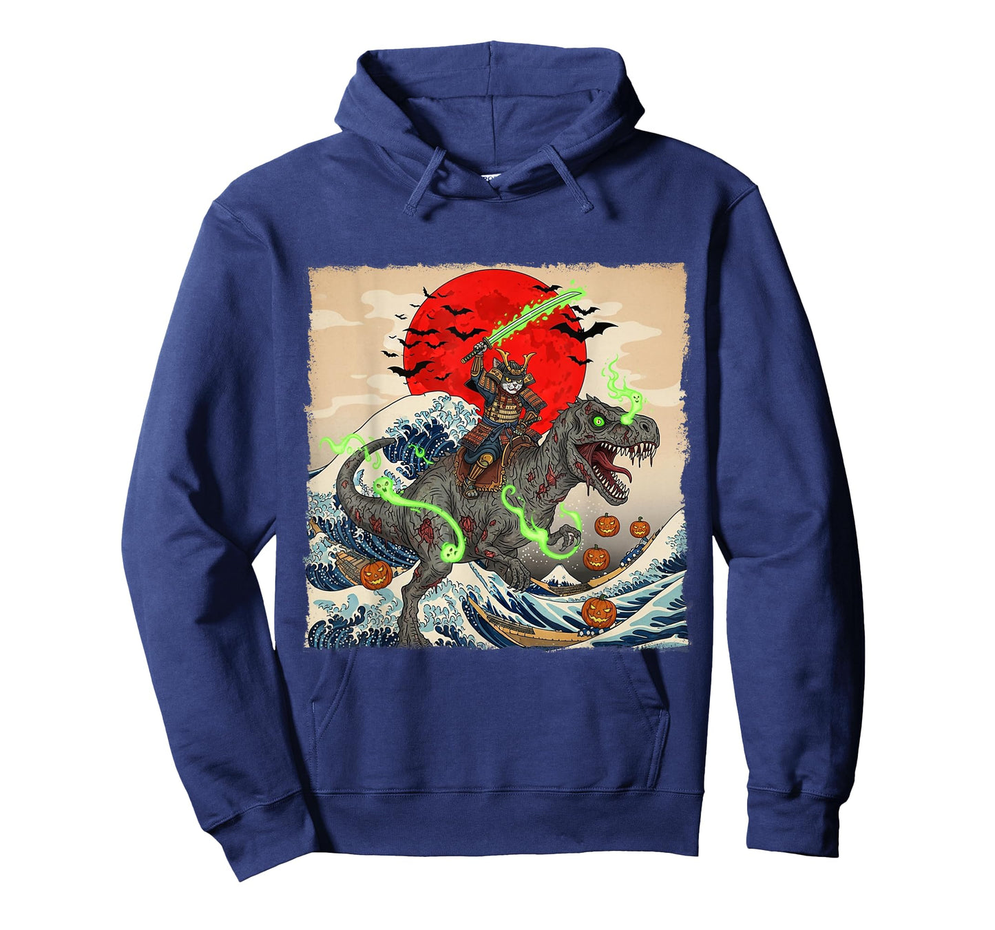 Samurai Cat vs Zombie Dinosaur Spooky Ukiyo-e Halloween Tee T-Shirt