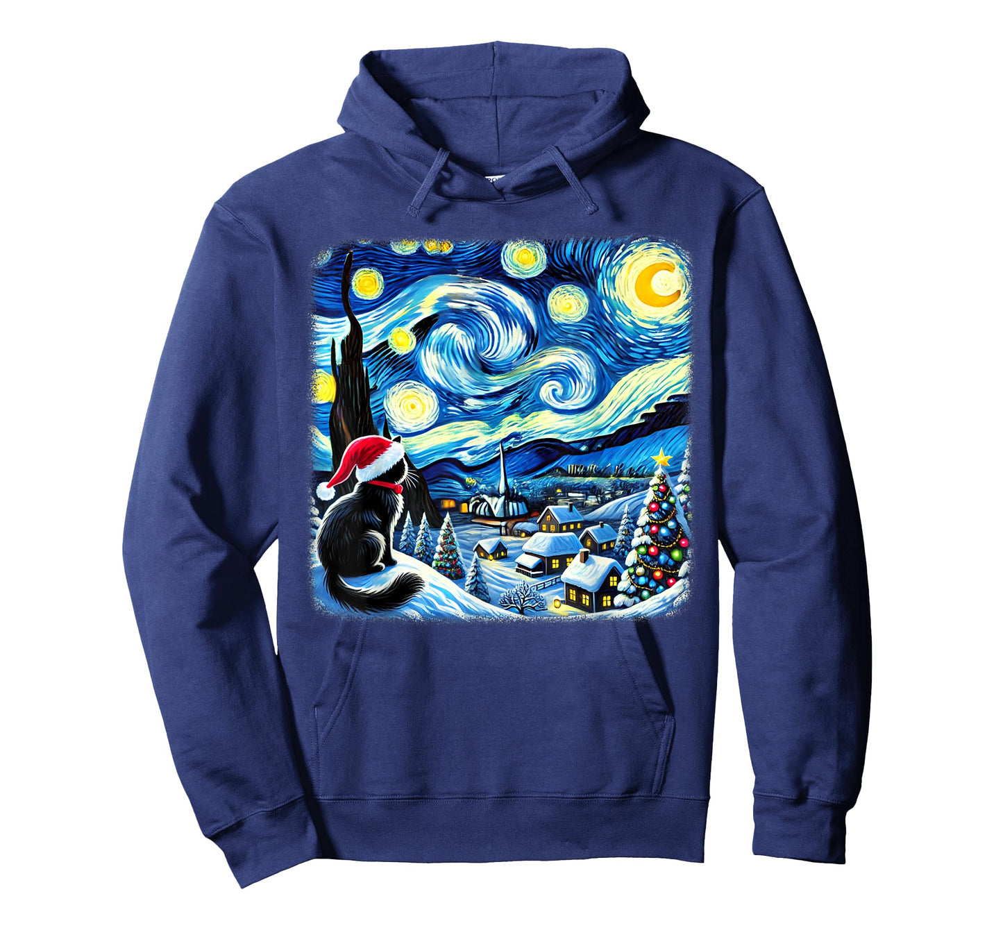 Christmas Van Gogh Starry Night Black Cat Santa Hat Xmas T-Shirt for Men Women Kids