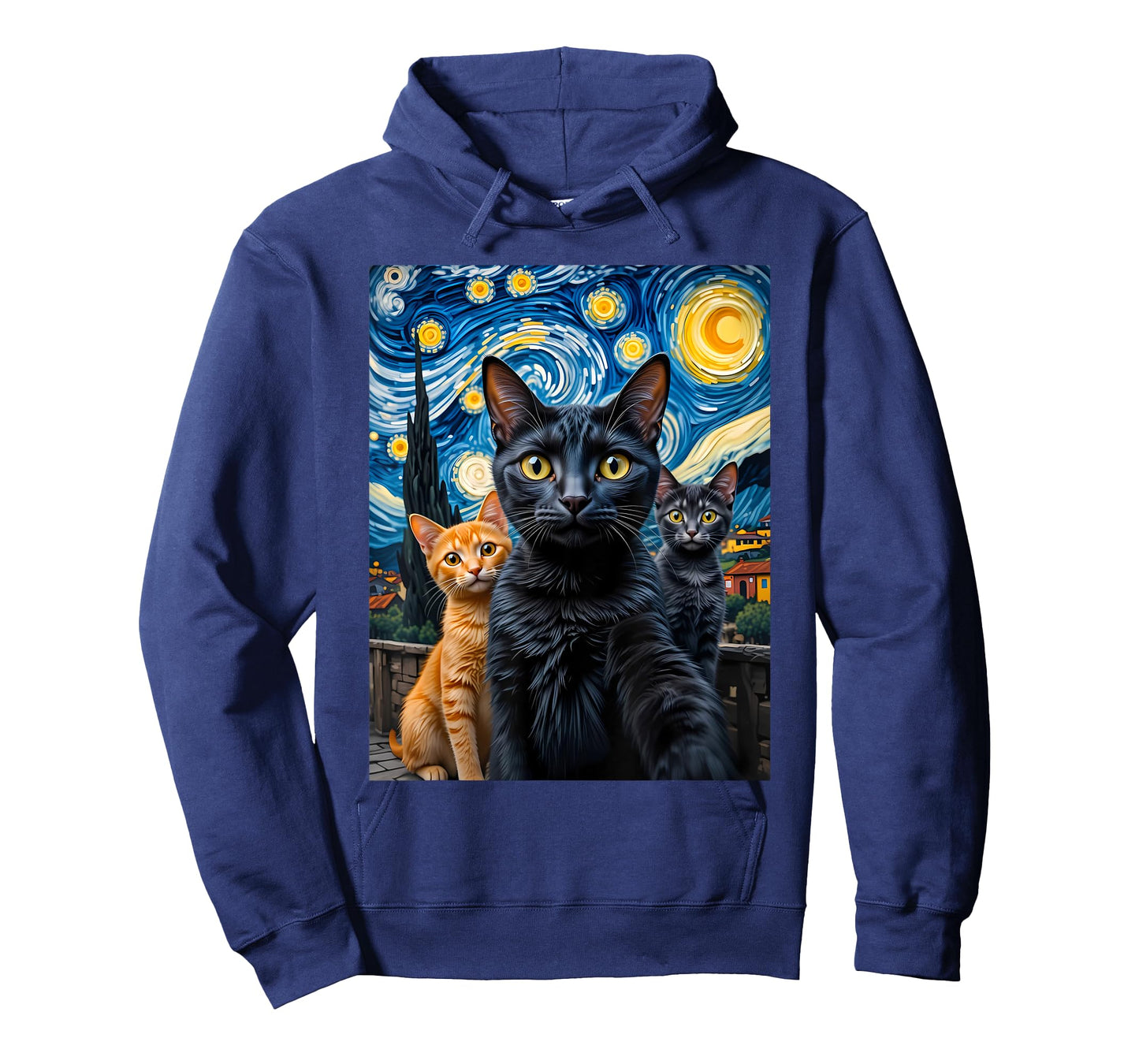 Cat Selfie Van Gogh Funny Black Cat Starry Night Men Women T-Shirt