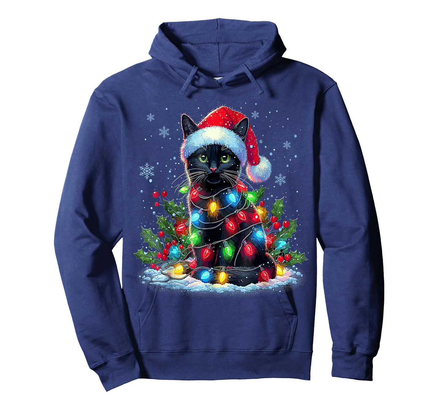 Funny Black Cat Wrapped in Christmas Lights Festive Art T-Shirt