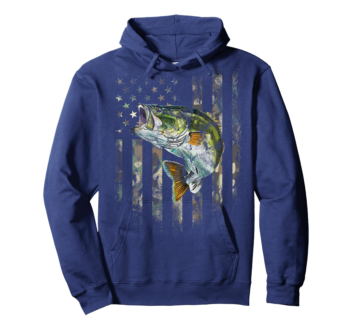 (Art on Back) American Flag Camo Bass Fish Fishing T-Shirt