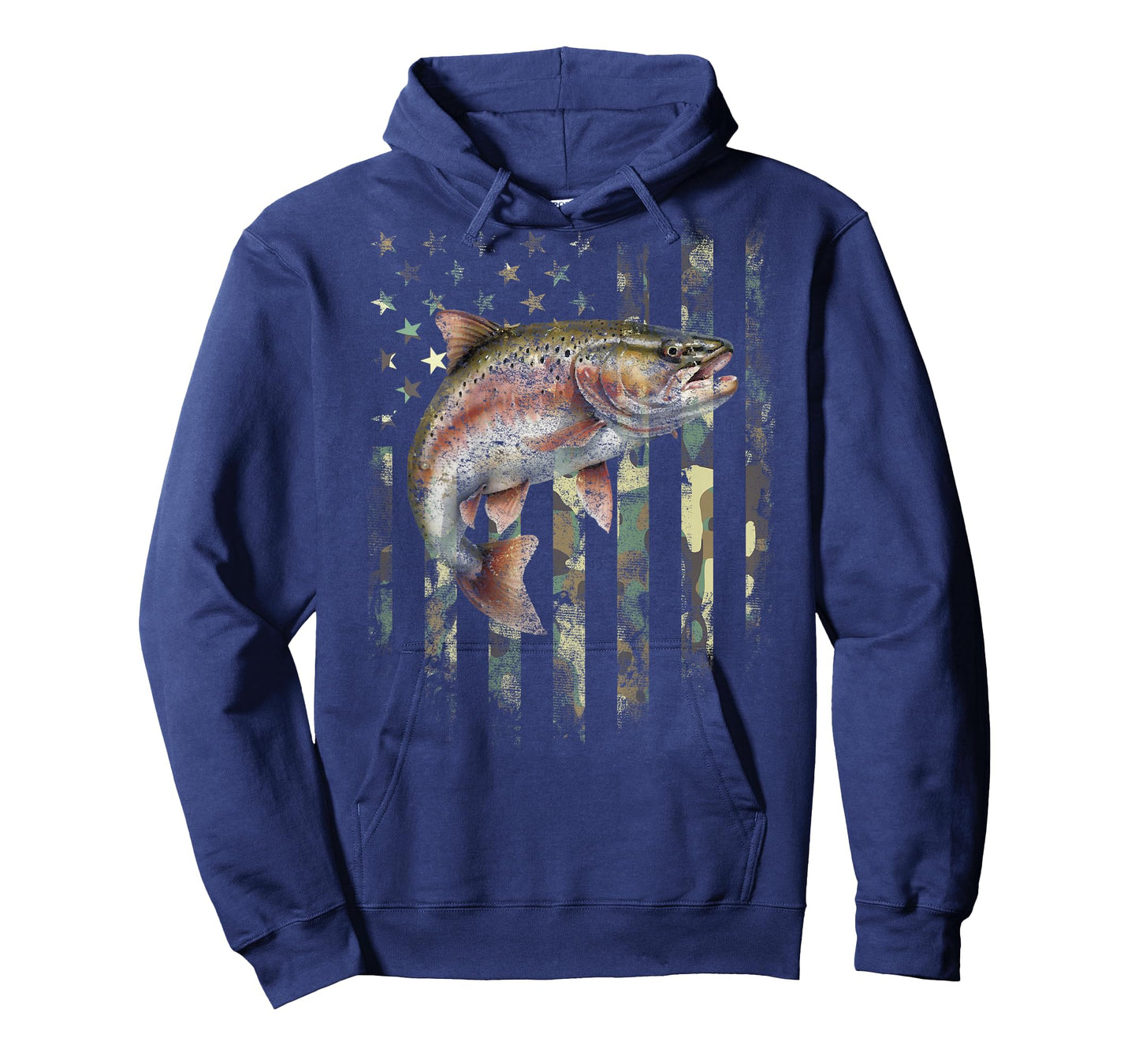 (Art on Back) Camo American Flag Trout Fish Fishing T-Shirt