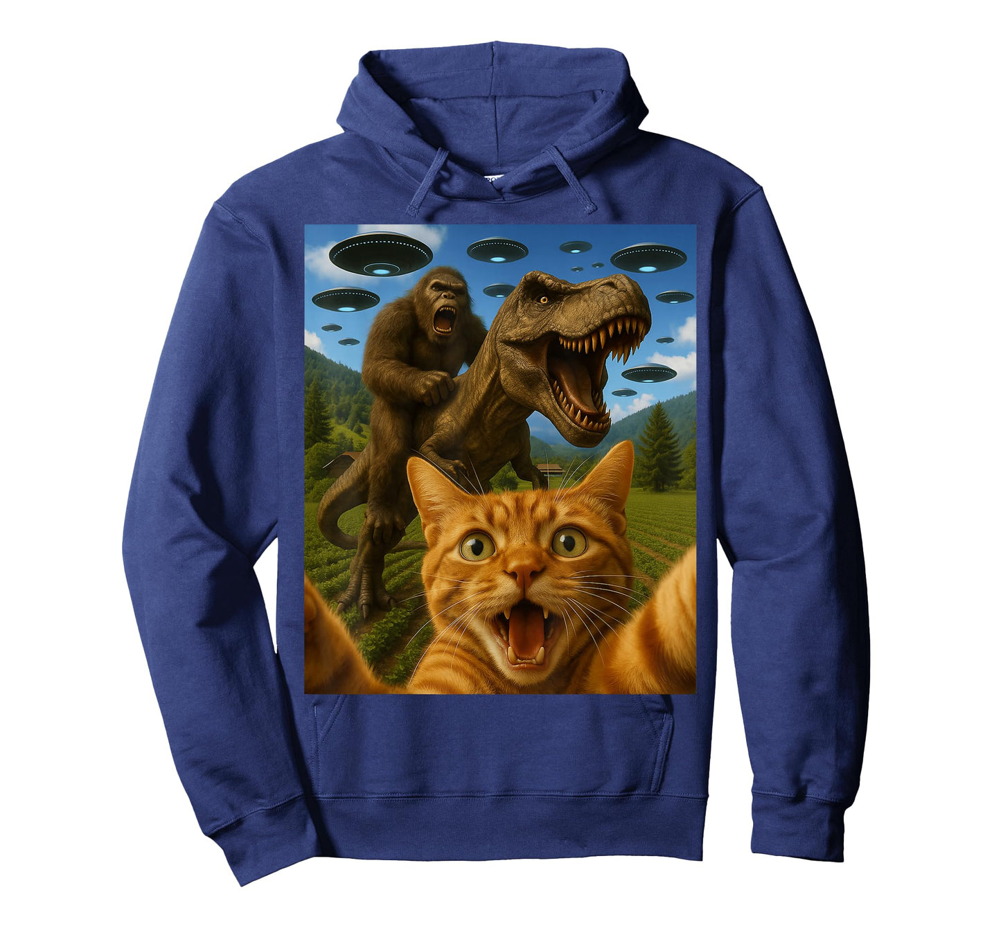 Funny Graphic Cat Selfie With Bigfoot Riding T-rex Dinosaur T-Shirt