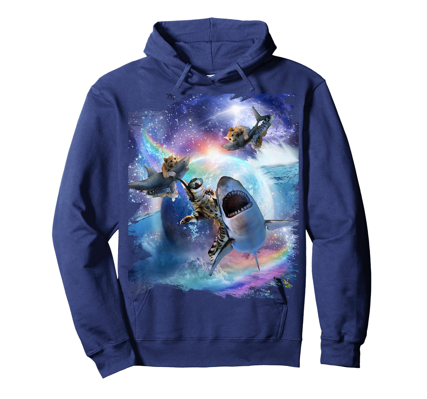 Rainbow Galaxy Cat Riding Shark in Space T-Shirt
