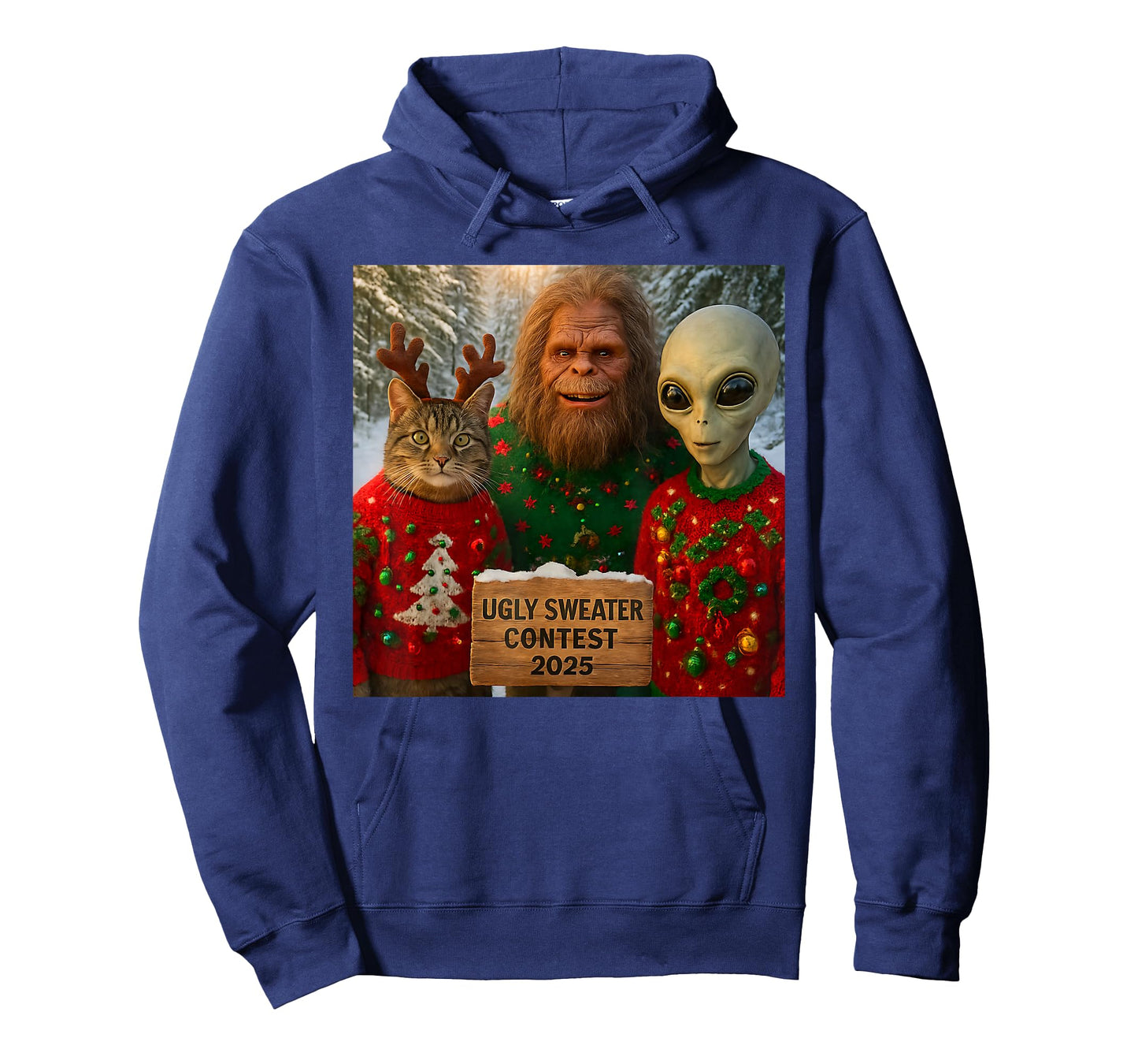 Funny Christmas Cat Selfie with Bigfoot Alien Ugly Sweater T-Shirt