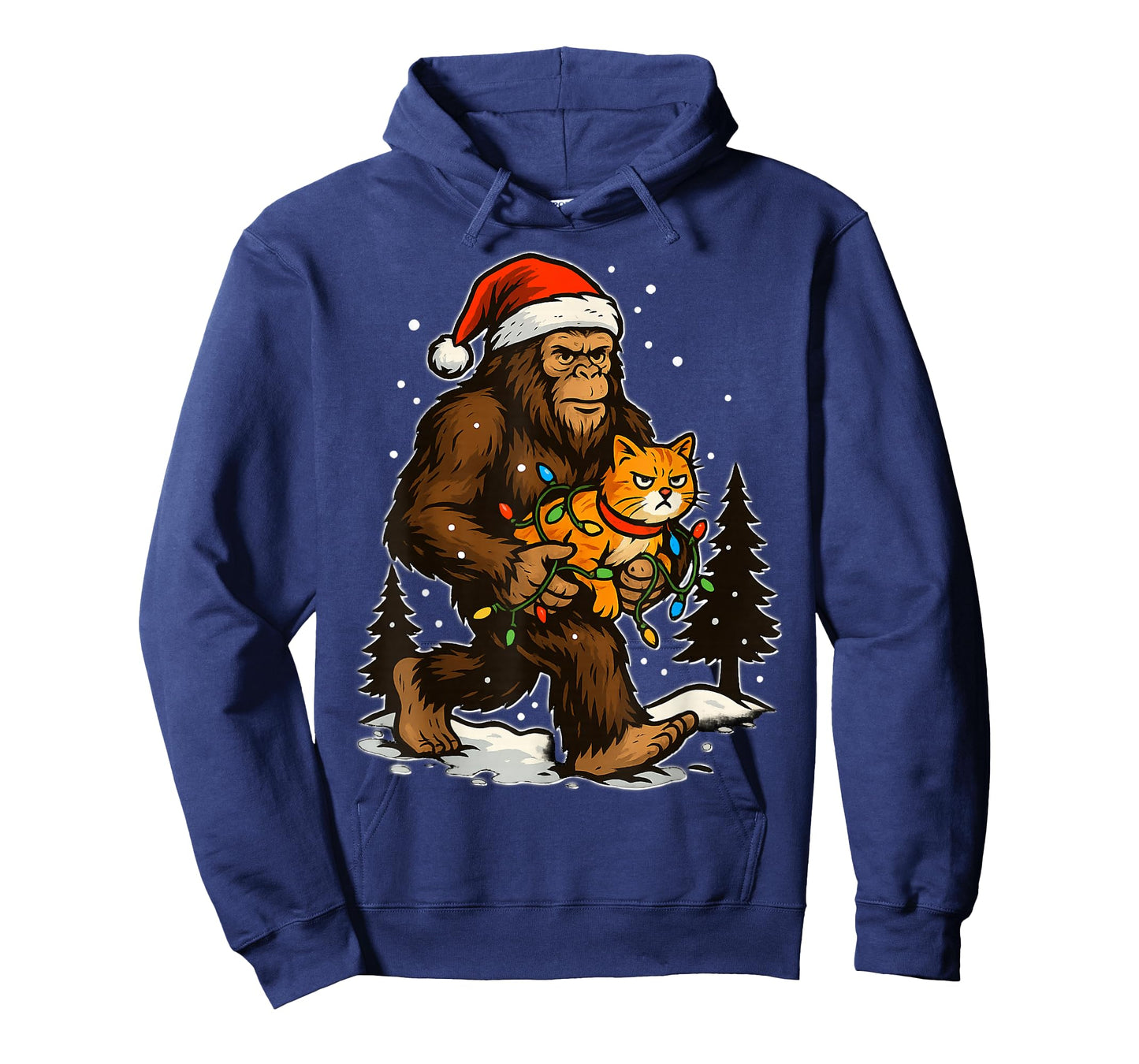 Christmas Bigfoot with Cat and Lights Santa Hat Funny Xmas T-Shirt